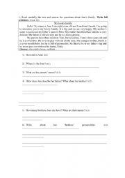 English Worksheet: Family member reading comprehension