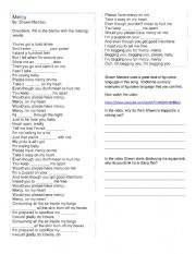 English Worksheet: Cloze Activity and Figurative Language using Mercy by Shawn Mendes