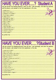 English Worksheet: Have you ever.......? pair work