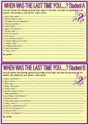 English Worksheet: When was the last time you ........? pair work