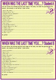 English Worksheet: When was the last time you ........? pair work