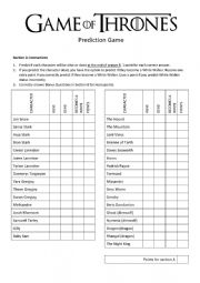 English Worksheet: Game of Thrones SEASON 8 Prediction Game