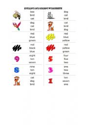 English Worksheet: Spelling and reading worksheet about numbers, animal, colours