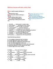 English Worksheet: RELATIVE CLAUSE WHO WHICH AND THAT