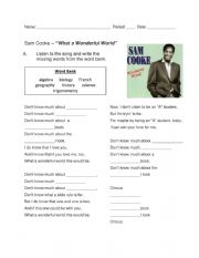 English Worksheet:  What a Wonderful World CLOZE activity
