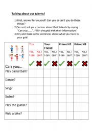 English Worksheet: Talking about talents (I can/I cant)