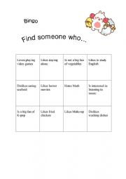 English Worksheet: Find someone who (topic LOVE and HATE)
