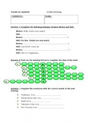 English Worksheet: introducing myself and saying days and dates