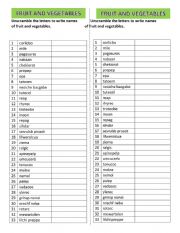 English Worksheet: FRUIT AND VEGETABLE UNSCRAMBLE