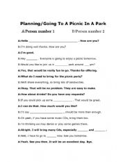 English Worksheet: Planning To Go To A Picnic Party In A Park Role-Play And Full Complete Dialogue Boxes