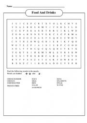 English Worksheet: food and drink wordsearch