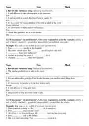 English Worksheet: can/cant, must/mustnt  test