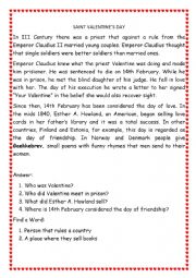 English Worksheet: Saint Valentine: origin and some interesting facts