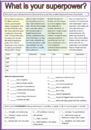 English Worksheet: What is your superpower? Reading comprehension