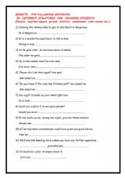 English Worksheet: REWRITE MIXED GRAMMATICAL STRUCTURES