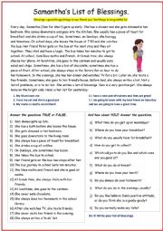 English Worksheet: Blessings, a reading comprehension