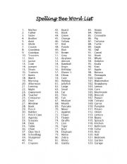 English Worksheet: Spelling Bee Word List