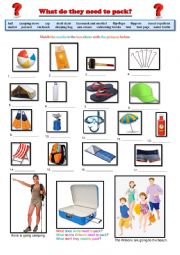 English Worksheet: What do they need? Vocabulary for the beach and camping