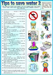 English Worksheet:  TIPS TO SAVE WATER 2 - PICTIONARY + exercises + KEY 