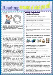 English Worksheet: Beware of what you eat! Reading Comprehension + KEY