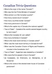 English Worksheet: Canadian Triva