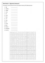 English Worksheet: Antonyms Word Search