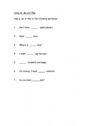 English Worksheet: Using A, An or The -sentence gap fill activity