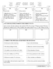 English Worksheet: AT  ON  IN 