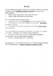 English Worksheet: For vs To