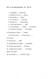 English Worksheet: sample exam about time prepositions, vocabulary, present simple