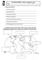 English Worksheet: THE UNITED KINGDOM  English and Geography   Part1