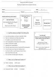 Reading comprehension evaluation exercise on school notices