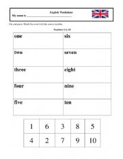 English Worksheet: Numbers 1 to 10 - Cut and paste