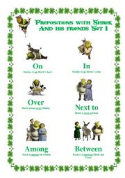 English Worksheet: Prepositions with Shrek and his friends poster Set 1