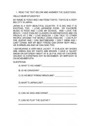 English Worksheet: Reading Text - Teens 2 - Vocabulary - Personal Information, Nationalities and Likes and Dislikes