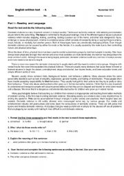 English Worksheet: 12th grade Test on domestic violence