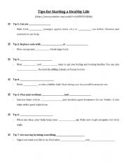 English Worksheet: YouTube video questions - Tips for starting a healthy lifestyle