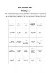 English Worksheet: Find someone who bingo game