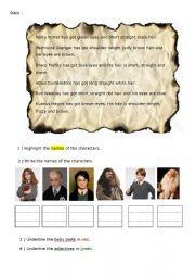 English Worksheet: reading understanding about the physical descriptions of some characters in Harry Potter