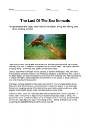 English Worksheet: Sea Nomads - Reading and writing
