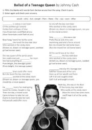 English Worksheet: Fill in the blank - Ballad of a Teenage Queen - Johnny Cash