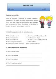 English Worksheet: English Test -5th Grade Students