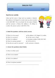 English Test -5th Grade Students