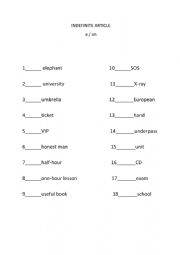 English Worksheet: INDEFINITE ARTICLE A / AN