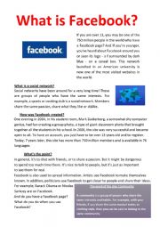 English Worksheet: What is Facebook ? Reading Comprehension.