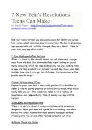 English Worksheet: New Years Resolutions for Teens --- reading activity