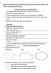 English Worksheet: baby bear reading comprehension