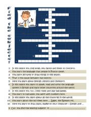 English Worksheet: school subjects crossword