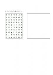 English Worksheet: School objects alphabet soup