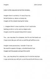English Worksheet: John Lennon Imagine: Lyrics with mistakes